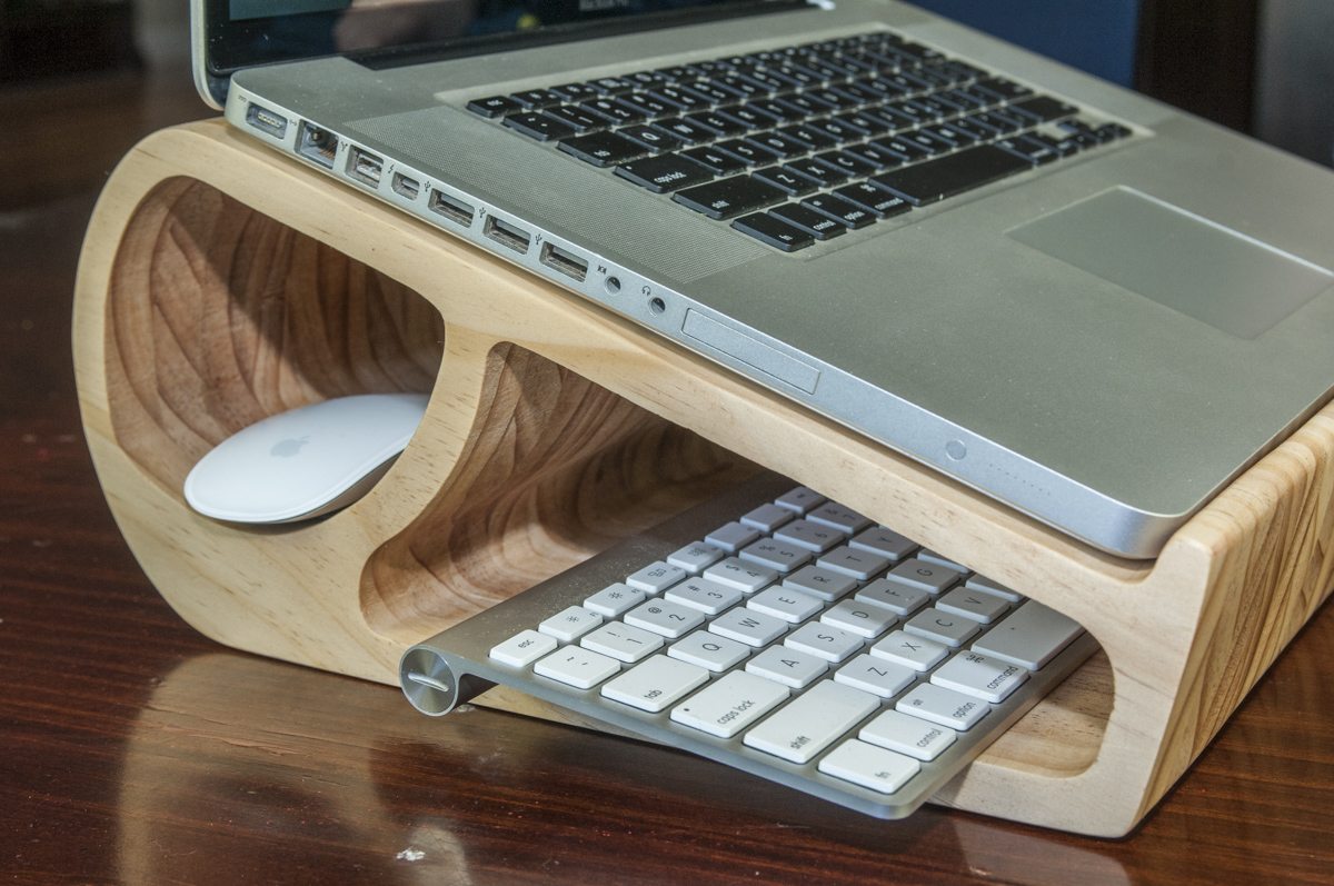 wooden laptop stand with keyboard storage